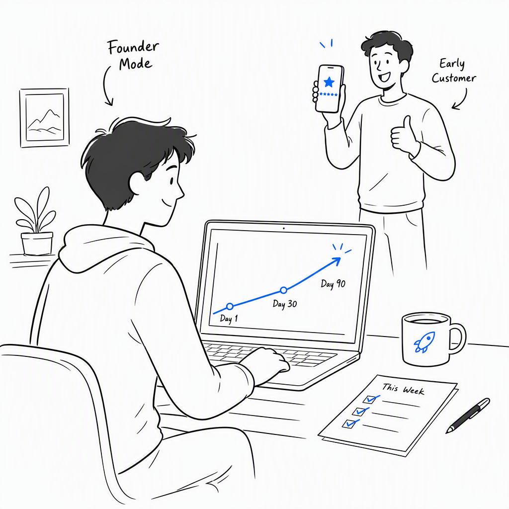 A founder tracks a blue Day 1 to Day 90 growth line chart on a laptop next to a checklist with blue checkmarks, while an early customer gives a thumbs-up holding a phone with a star review