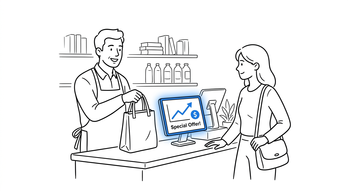 Shop owner handing a bag to a customer at checkout with an upsell screen and rising sales chart