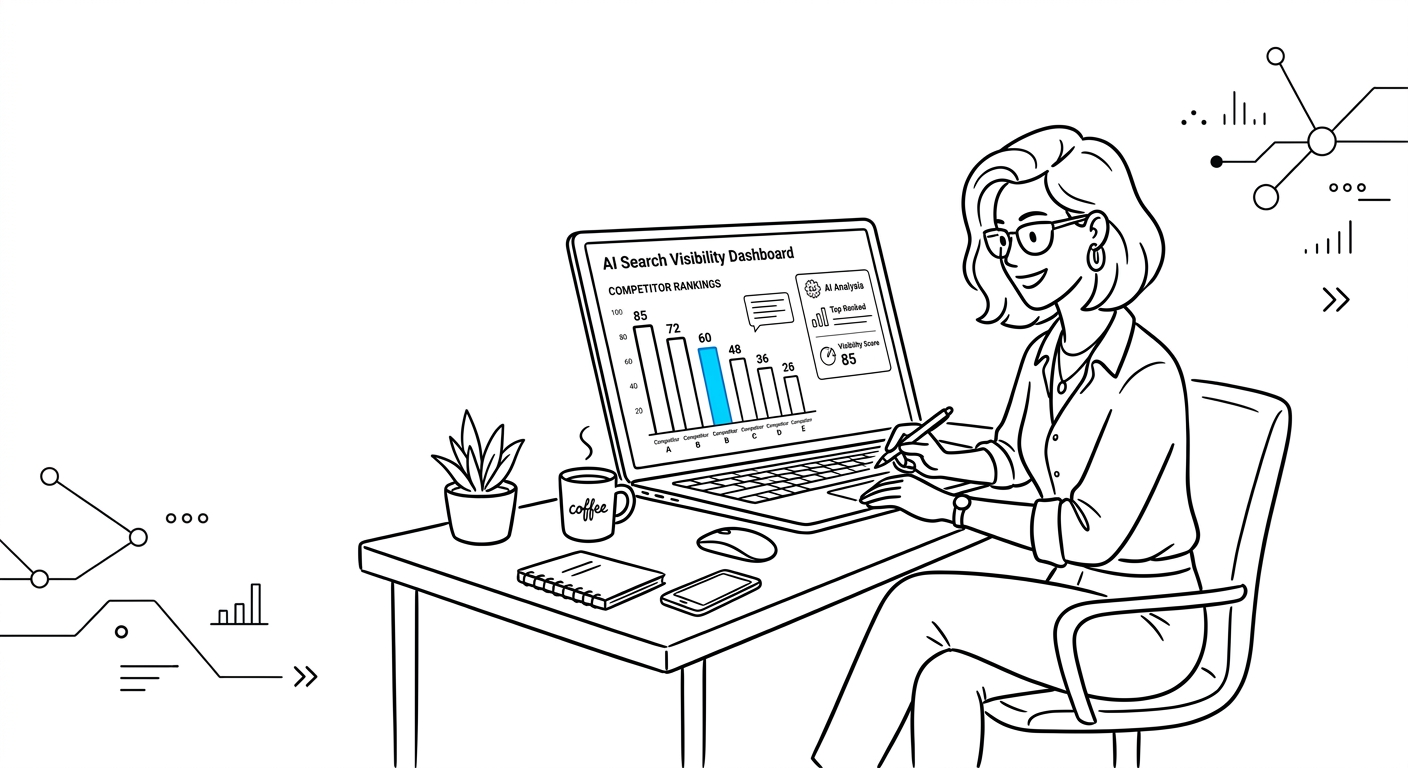 Store owner at a laptop viewing an AI-search visibility dashboard with competitor ranking bars, one highlighted in blue