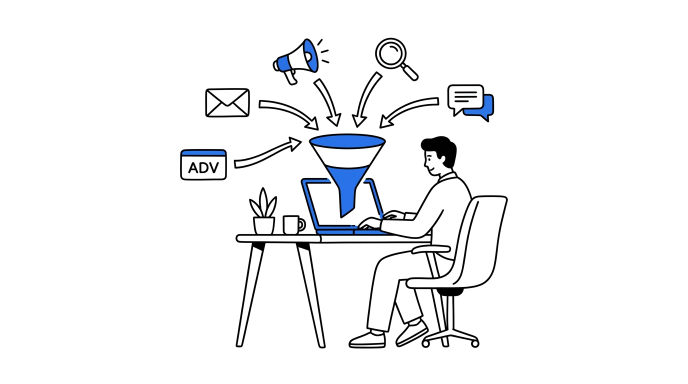 Marketing professional at a desk with channel icons flowing into a unified funnel on screen