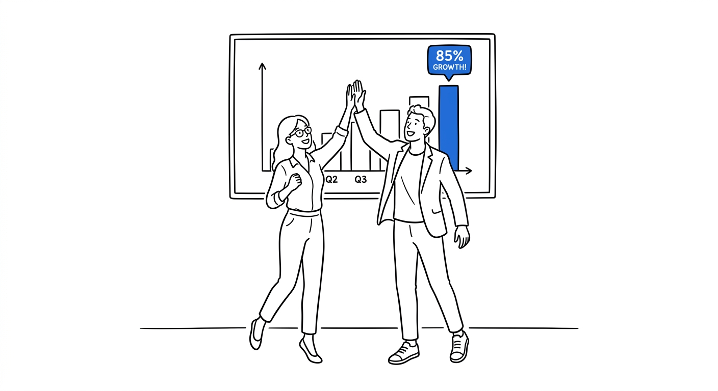 Two coworkers celebrating an upward growth chart with a highlighted percentage badge on a wall screen
