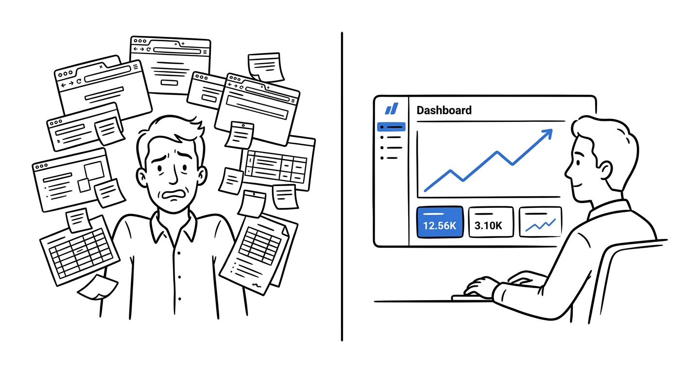 Split scene of a stressed owner surrounded by scattered tabs and notes next to a calm owner viewing one unified growth dashboard