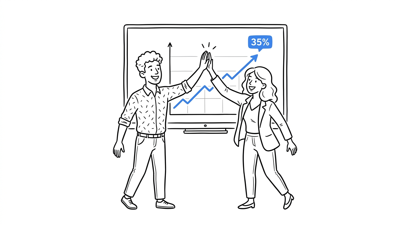 Two ecommerce teammates reviewing a rising revenue chart with a blue percentage badge on a wall screen