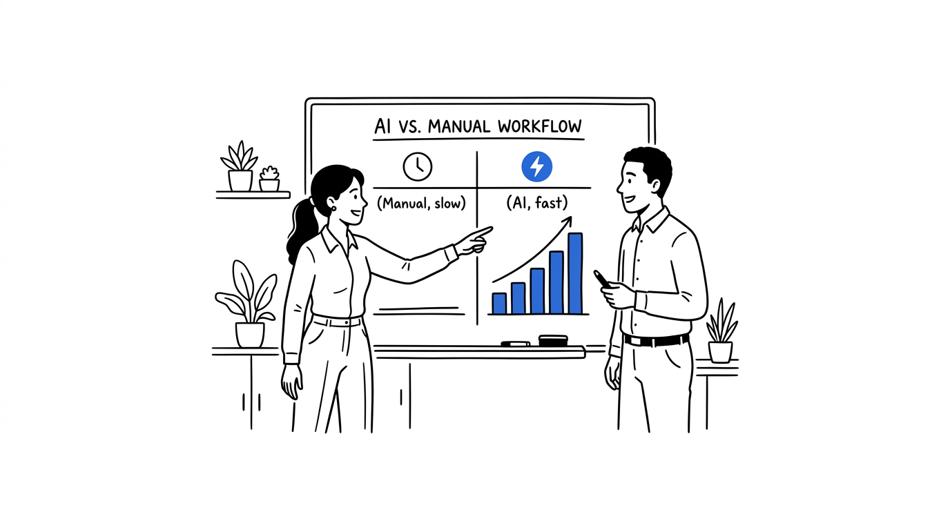 Two colleagues comparing manual versus AI ad workflows at a whiteboard