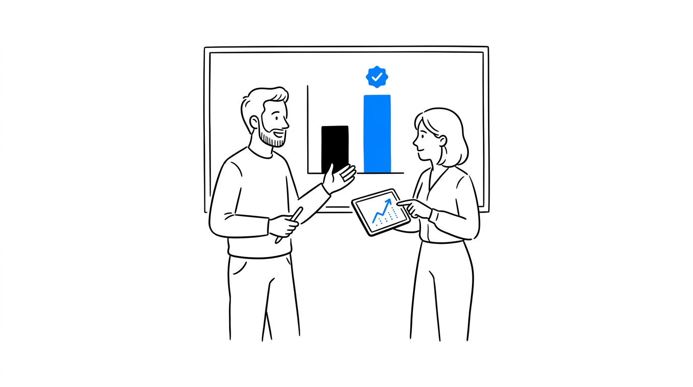 Two coworkers at a wall screen comparing a before-and-after ROAS bar chart with a verified badge