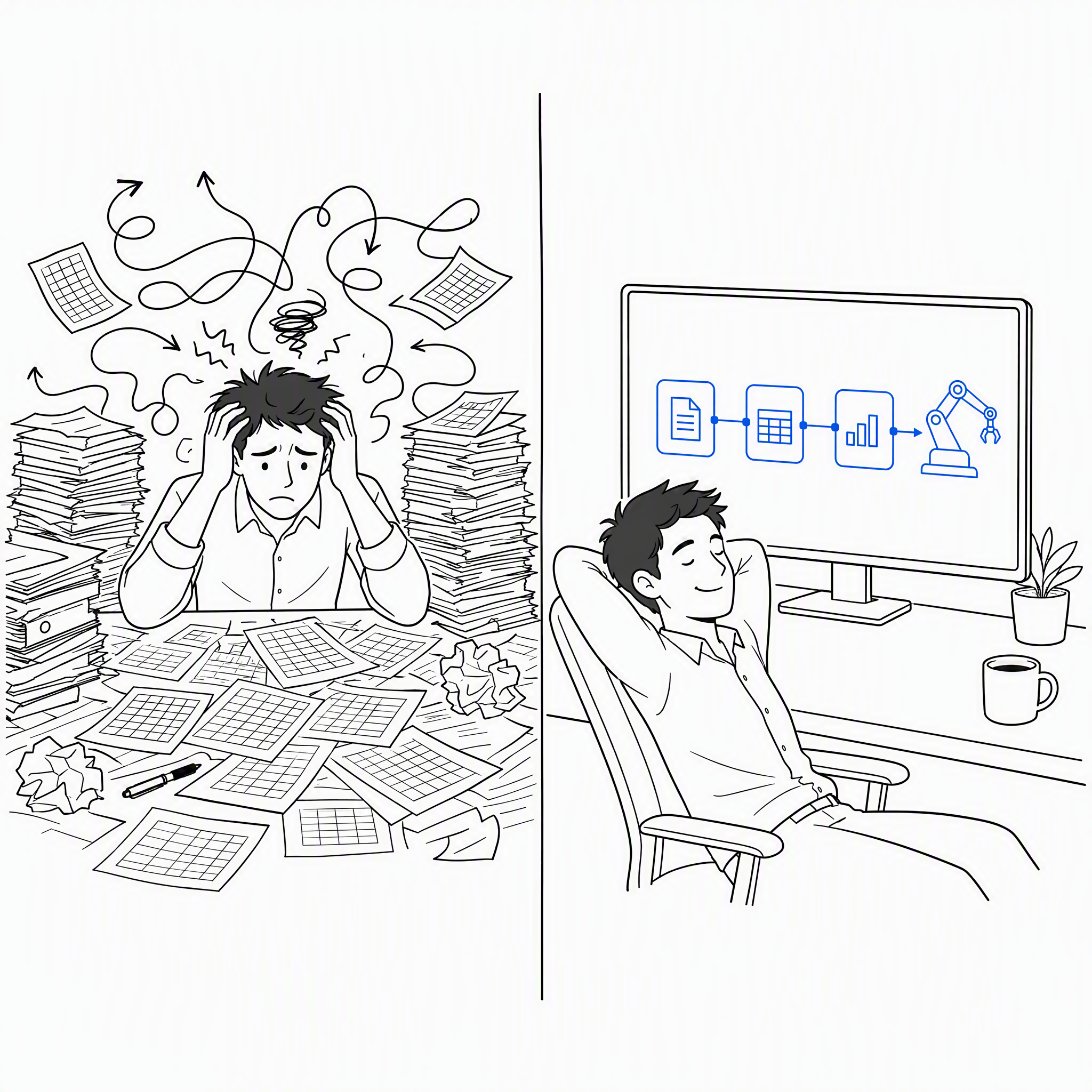 左側は散乱した書類に圧倒される人、右側は同じ人が1つのクリーンな自動化ワークフローダッシュボードを余裕を持ってレビューしている分割シーン