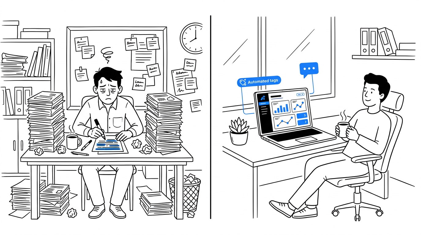 Ilustração dividida comparando à esquerda uma pessoa estressada destacando manualmente palavras-chave em papel e à direita uma pessoa relaxada usando um dashboard automatizado com tags azuis