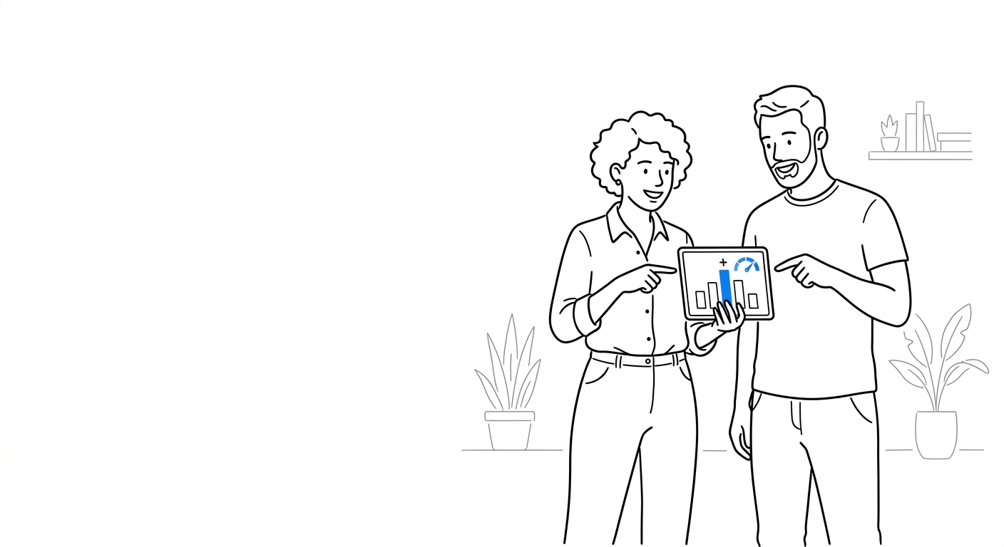 Two small business teammates review a shared tablet showing a bar chart with a blue-highlighted ROAS bar and a small rank-score gauge icon