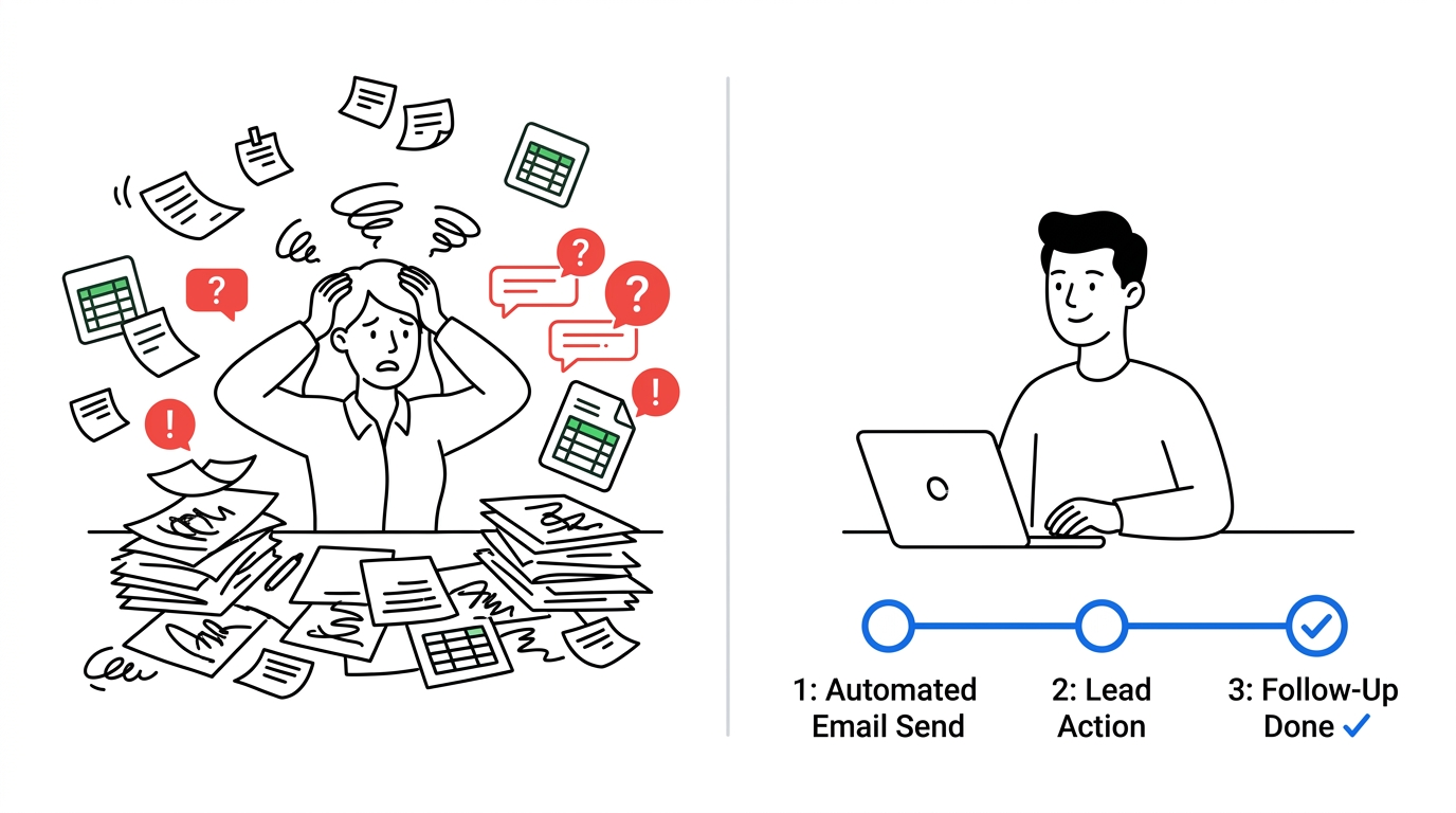 Split illustration: manual outreach chaos versus a calm automated follow-up sequence