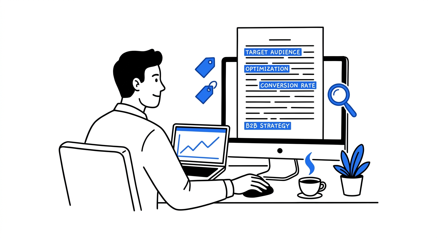 Analista de marketing B2B revisando palavras-chave e entidades extraídas por IA destacadas em azul em um documento, com gráfico de crescimento no laptop e ícone de lupa sobre a mesa