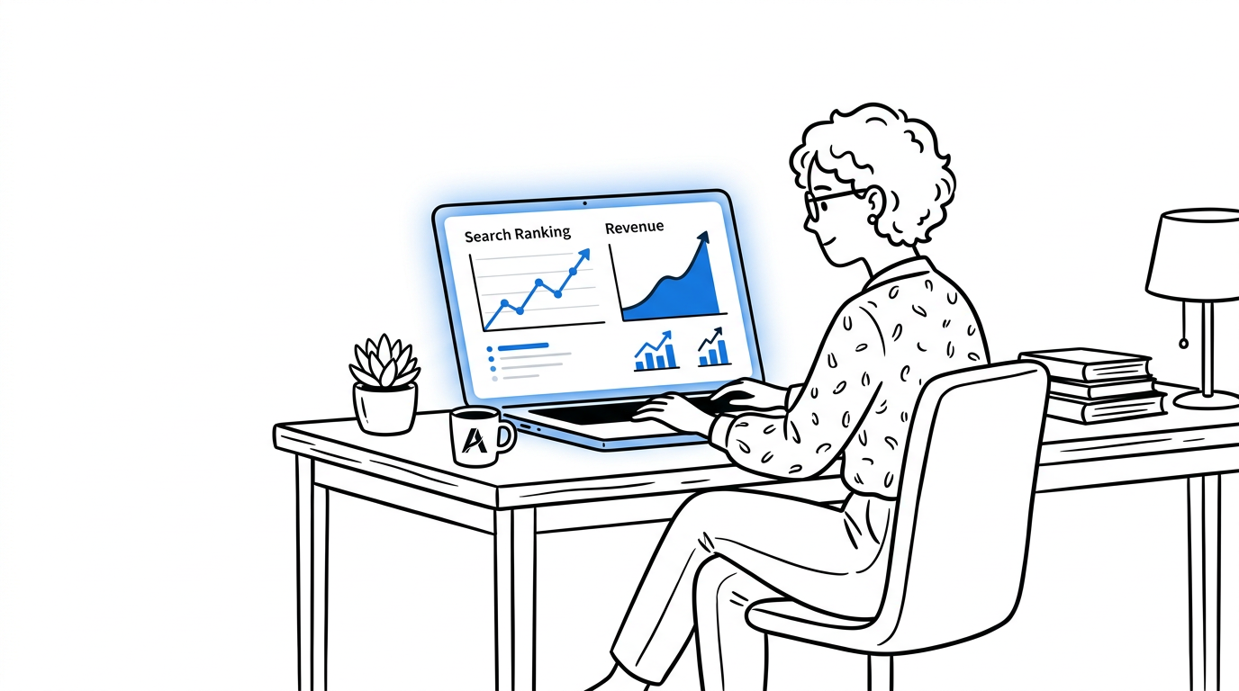 Small business owner reviewing a search ranking and revenue chart on a laptop