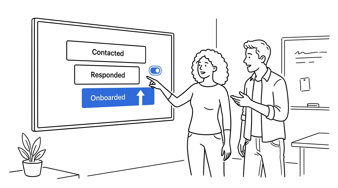 Two coworkers reviewing a contacted-to-responded-to-onboarded funnel chart on a wall screen