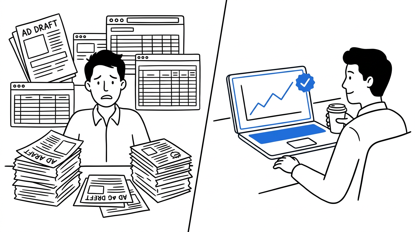 Split illustration: person surrounded by overlapping printed ad drafts and spreadsheets on the left, relaxed person with coffee watching one clean blue-outlined dashboard with a rising chart on the right, black hand-drawn line art, white background