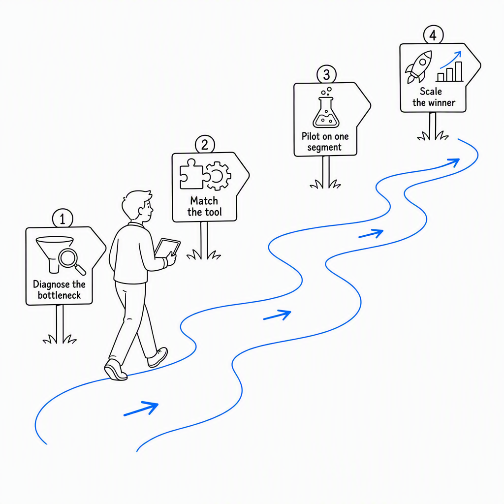 A person walking a signposted path through four phases: diagnose, match the tool, pilot, and scale the winner