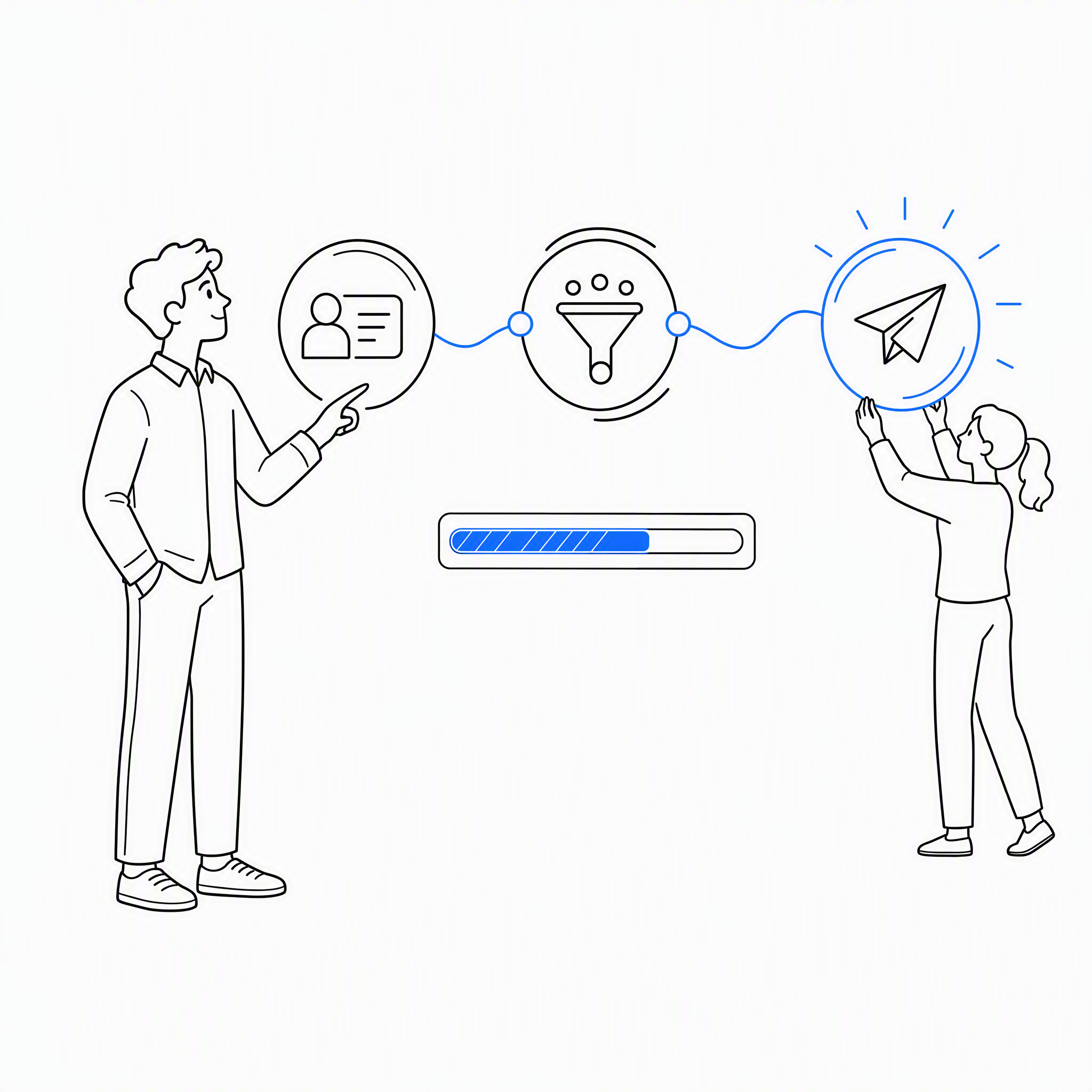 CRM、エンリッチメント、アウトリーチノードを接続するフローティングワークフローパイプライン図を指し示す人物。1つのノードが青くハイライトされている