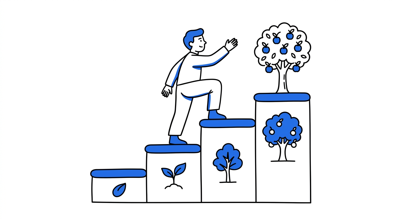 Small business owner climbing ascending steps with growth milestone icons from seed to full tree