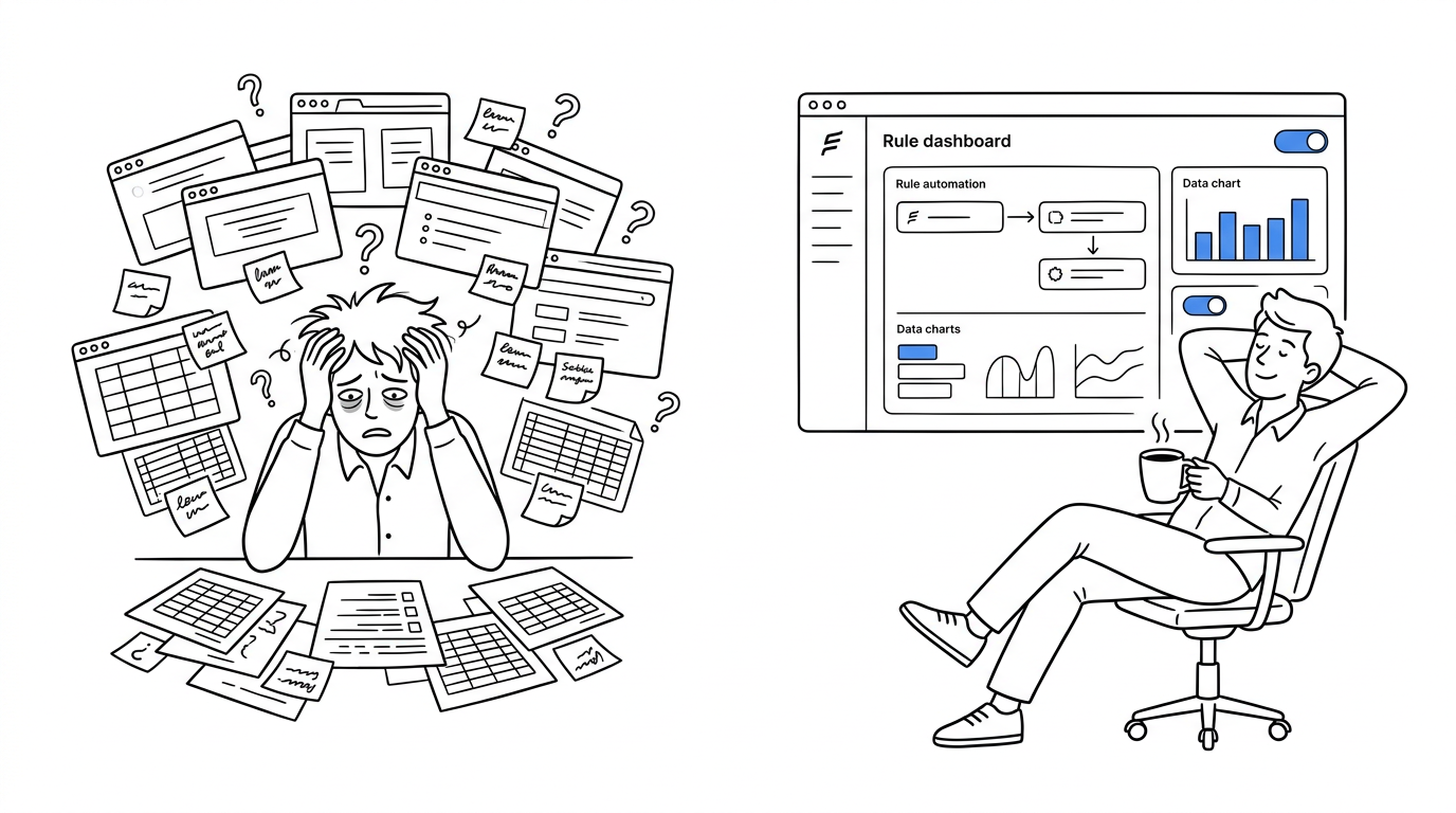 Split illustration: an overwhelmed person surrounded by scattered browser tabs on one side, a calm person watching one unified blue automated dashboard on the other