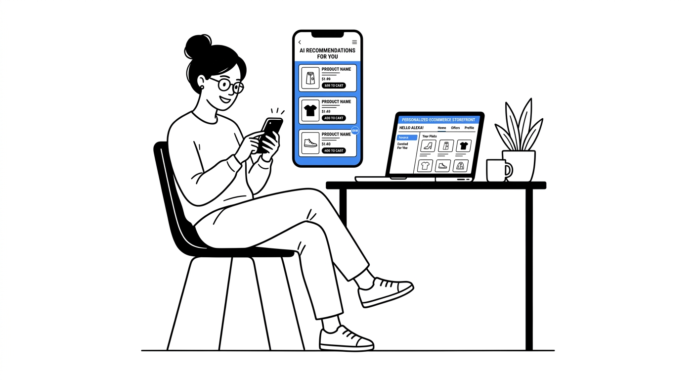 Marketer using a smartphone showing an AI product recommendation feed while browsing on a laptop, blue accent on the recommendation panel