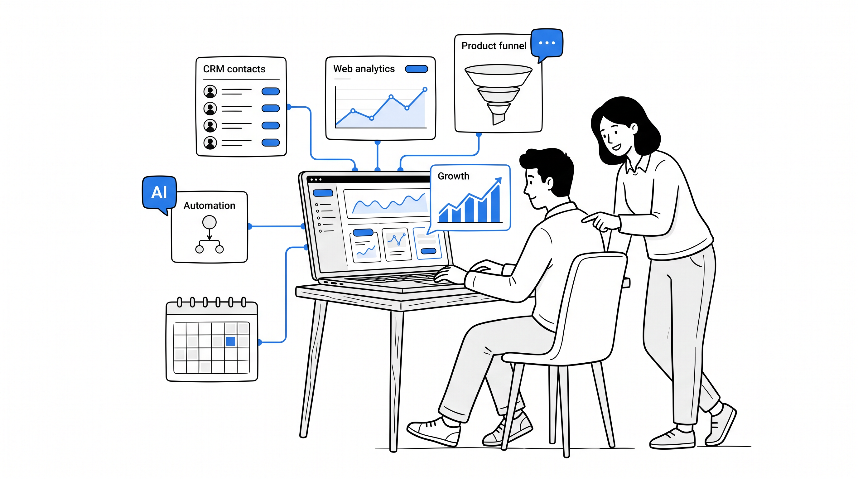 Two startup teammates using an integrated growth dashboard for CRM, analytics, automation, and AI marketing