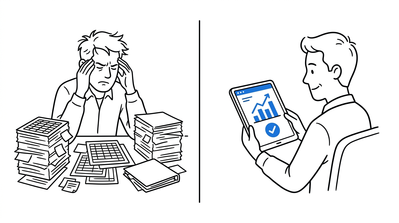 Split scene of a stressed owner with paper spreadsheets versus a calm owner viewing a clean blue dashboard