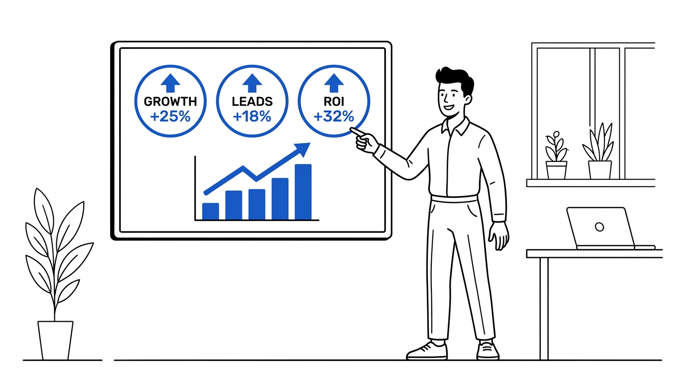 A marketer presenting AI ad campaign results on a wall screen