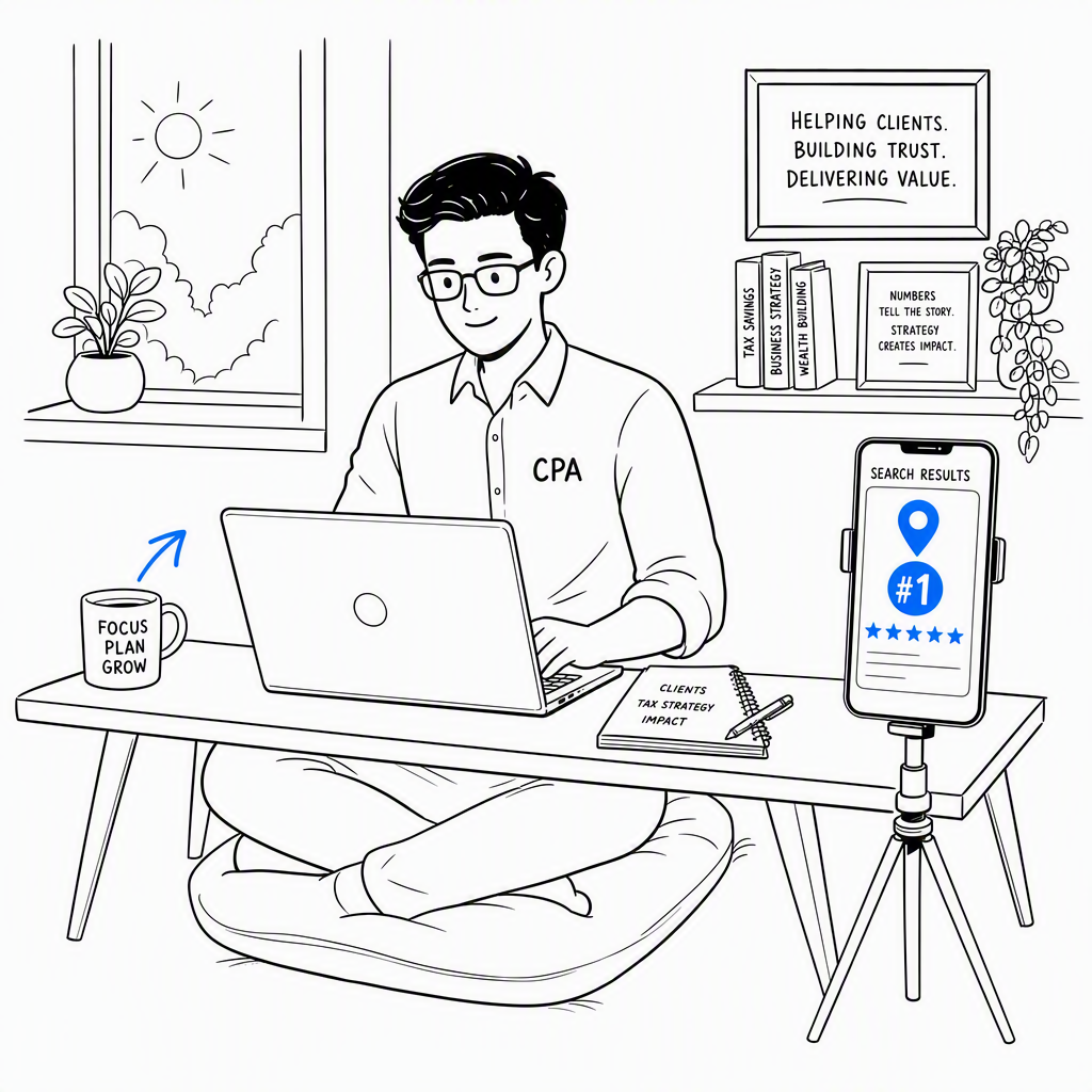 Um contador solo trabalha em uma mesa home office com laptop enquanto um smartphone em um tripé mostra primeiro lugar no Google e avaliações cinco estrelas
