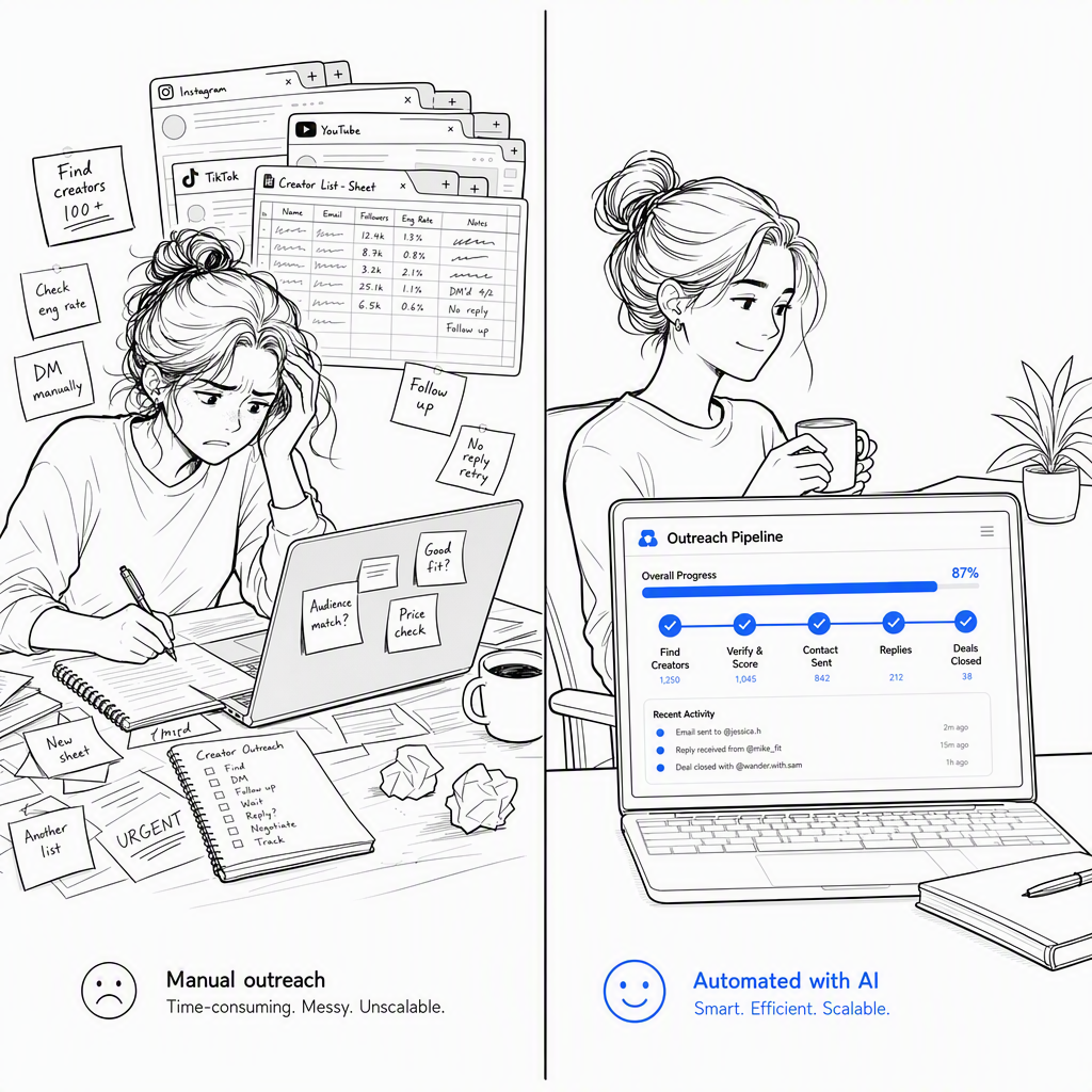 Painel dividido: caos de outreach por planilha manual versus pipeline de outreach automatizado por IA