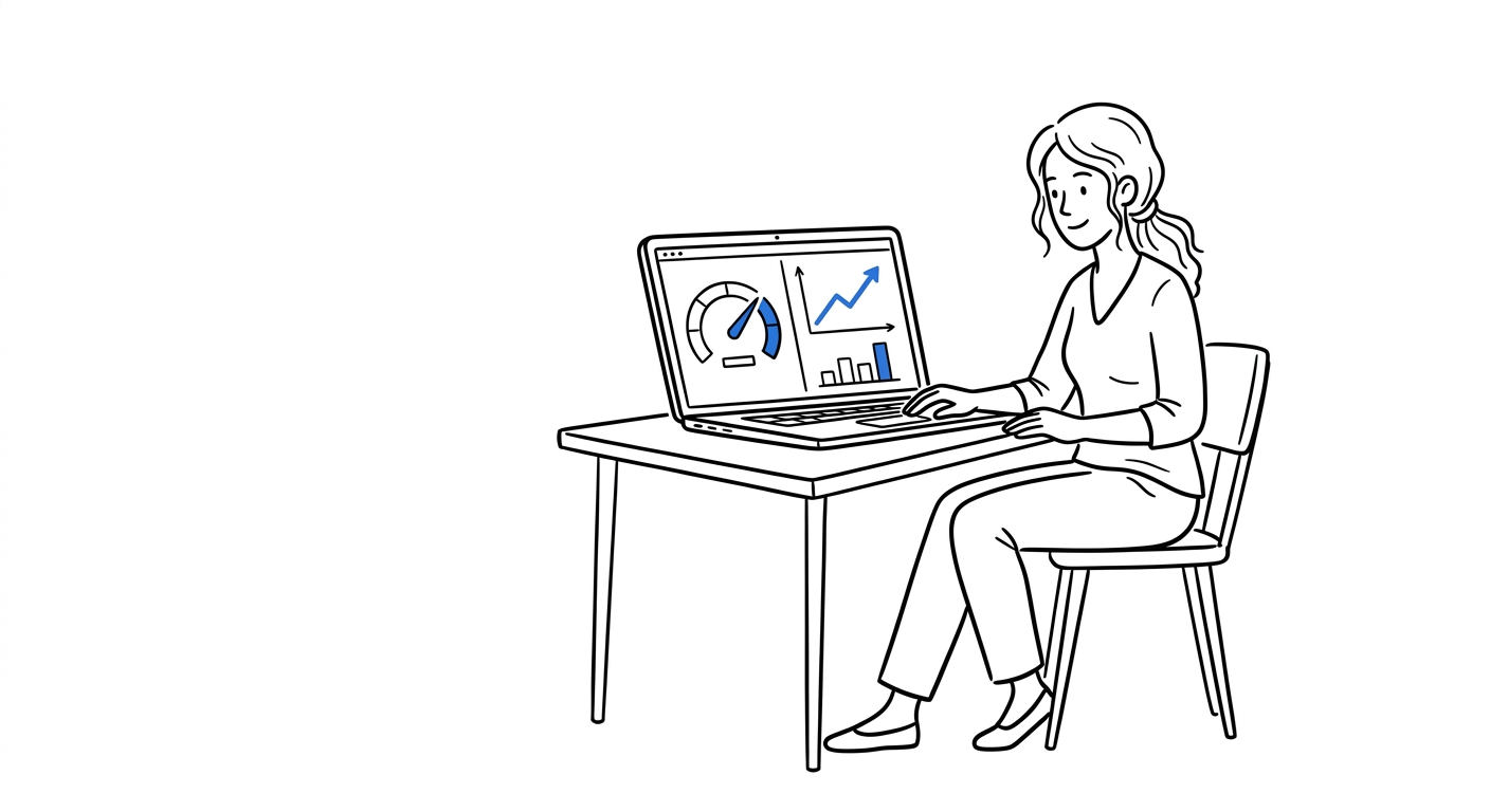 Small business owner reviewing a growth diagnosis dashboard with a visibility gauge and growth chart