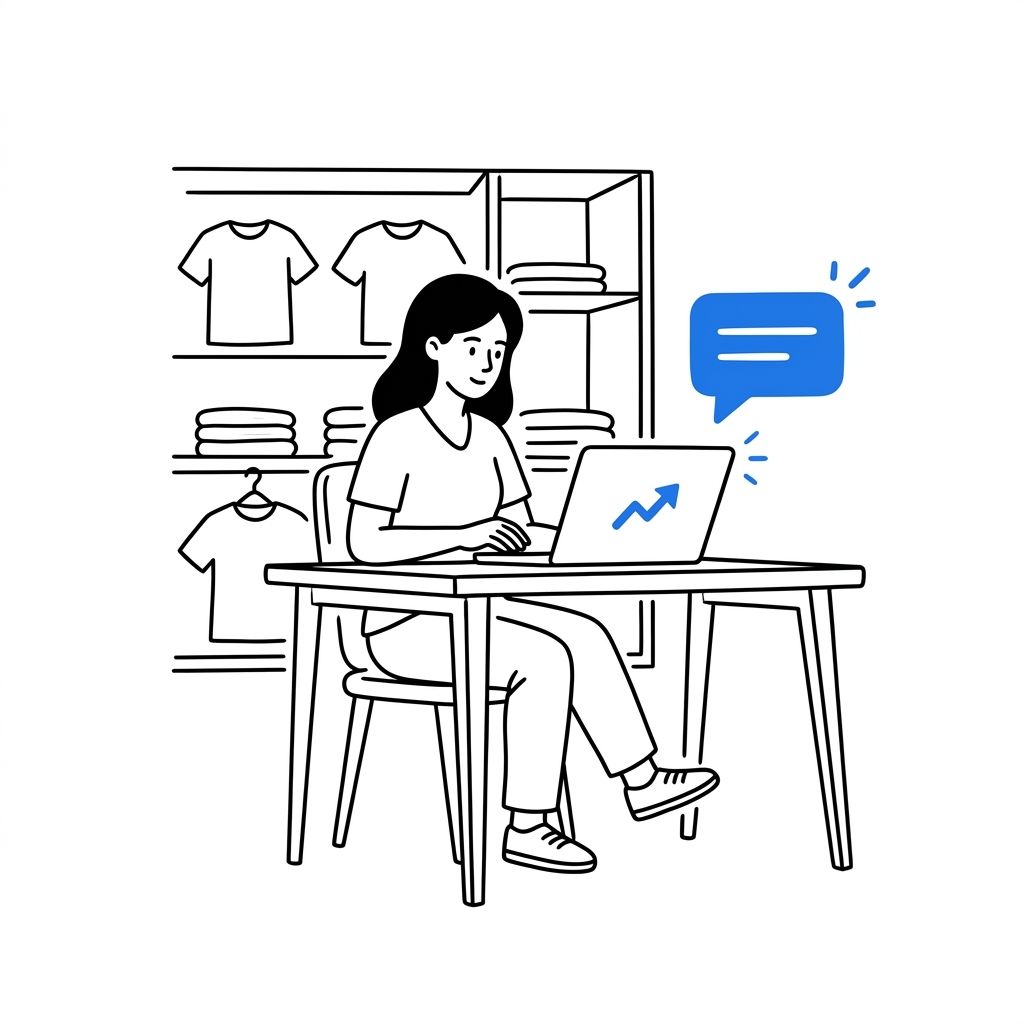A small apparel shop owner at a laptop reviews AI-generated ad variants while a blue chat assistant bubble suggests a new creative angle, with a small blue upward ROAS arrow on screen