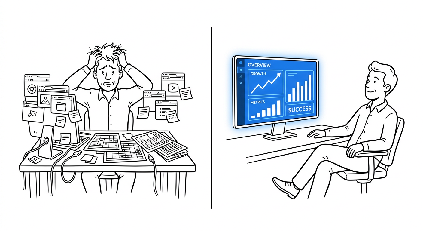 Split illustration: a stressed small business owner buried in browser tabs and sticky notes on the left, versus the same owner calmly watching one unified blue dashboard update itself on the right