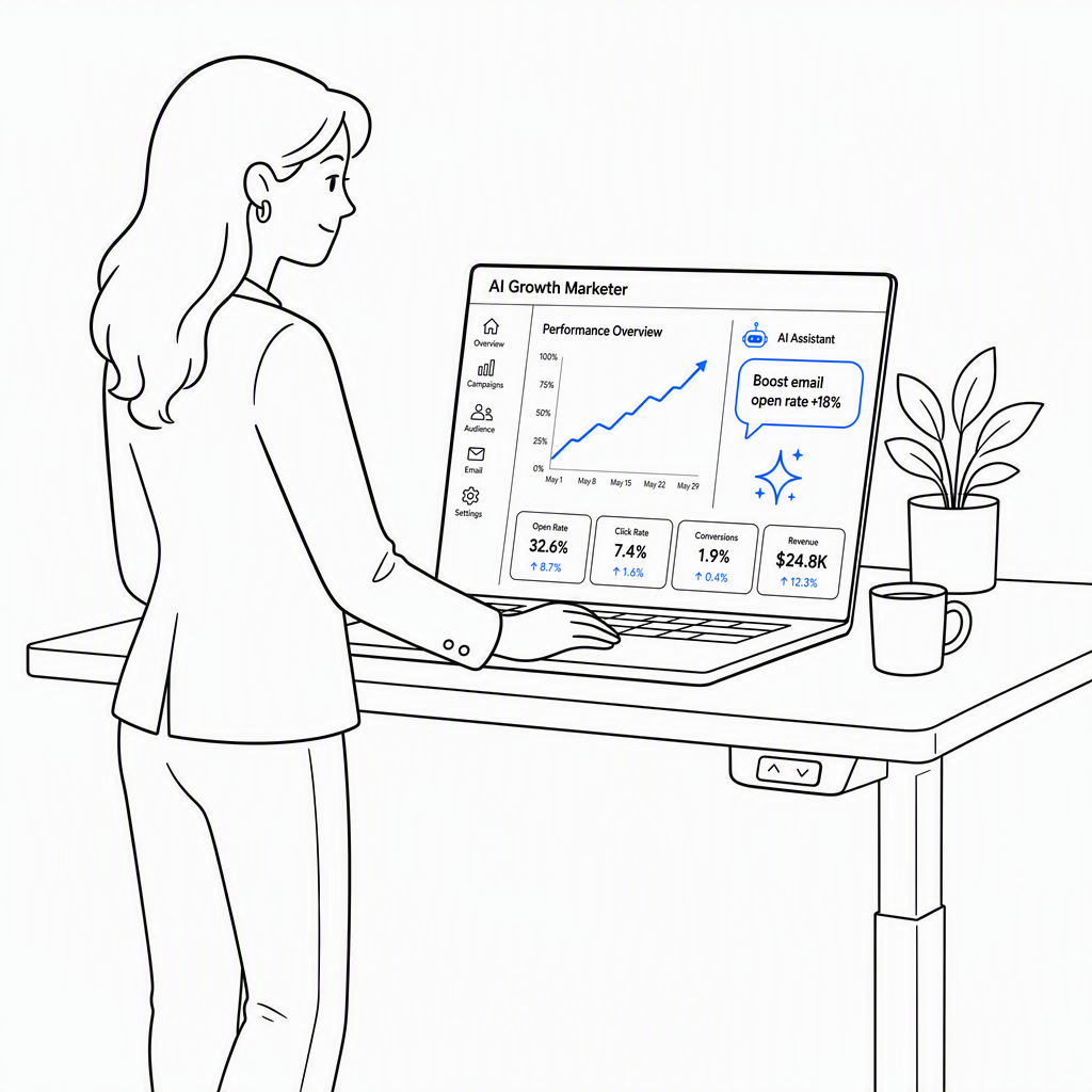 Marketer reviewing an AI growth marketing software dashboard with a chat assistant suggesting an email open rate boost