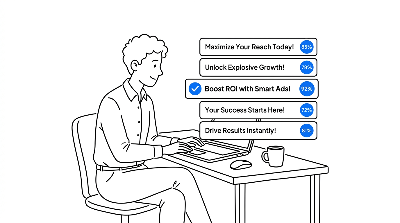 Marketer at a laptop reviewing a ranked list of AI-generated ad headlines with blue predictive-score badges next to each one, black hand-drawn line art on white background