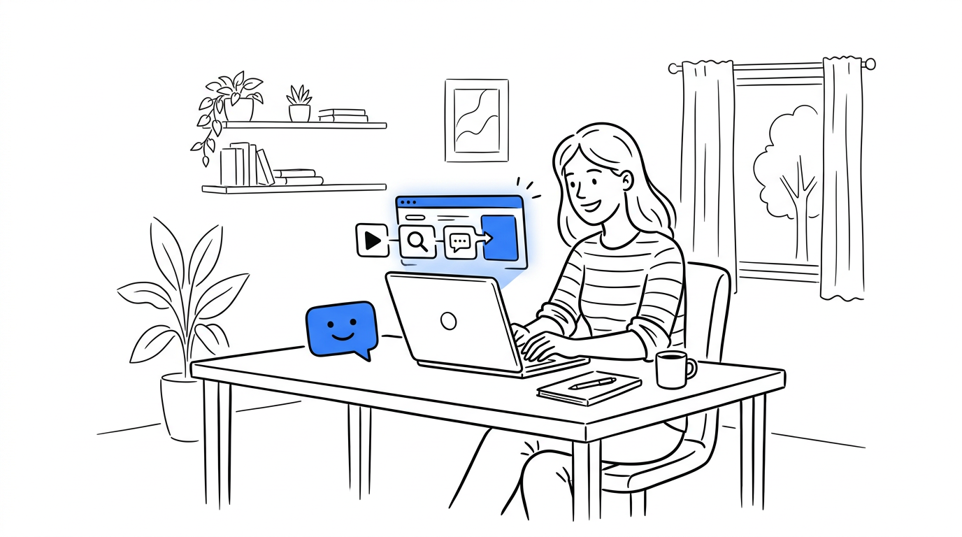 A Shopify merchant reviewing a merged ad dashboard with an AI assistant on a laptop