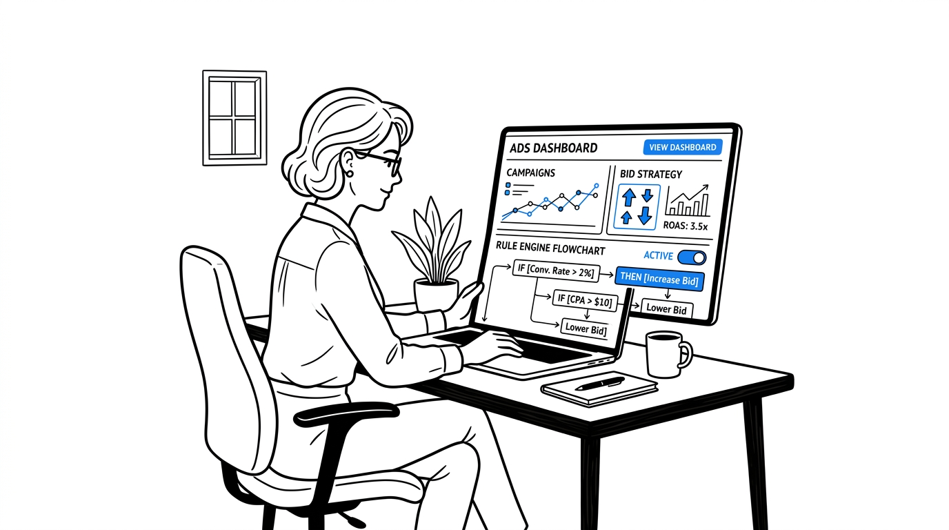 Person at a desk looking at an automated advertising dashboard with a blue-highlighted rule engine and bid chart