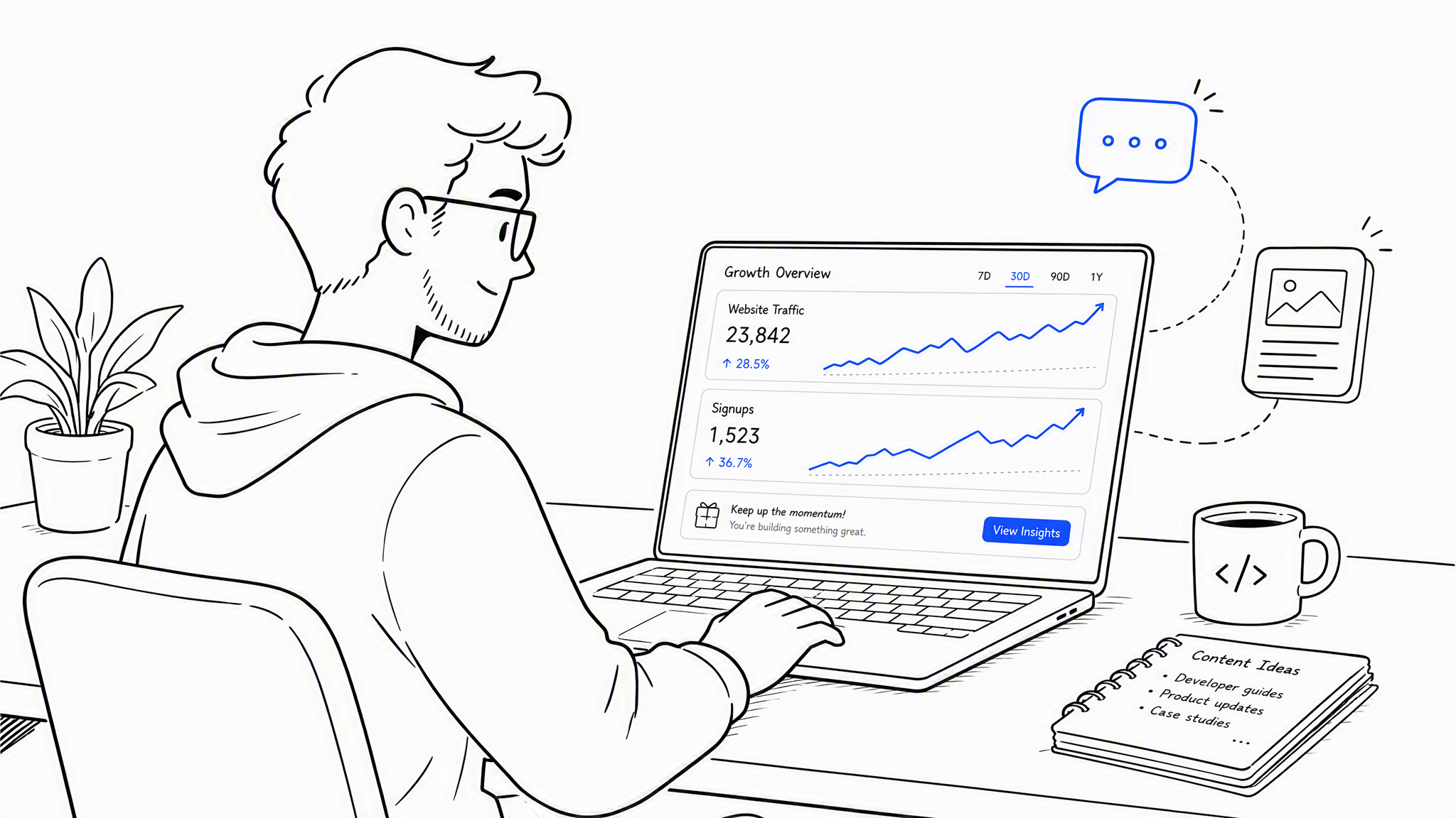 Um profissional de marketing para desenvolvedores analisando um dashboard de crescimento com linhas ascendentes de tráfego e signups