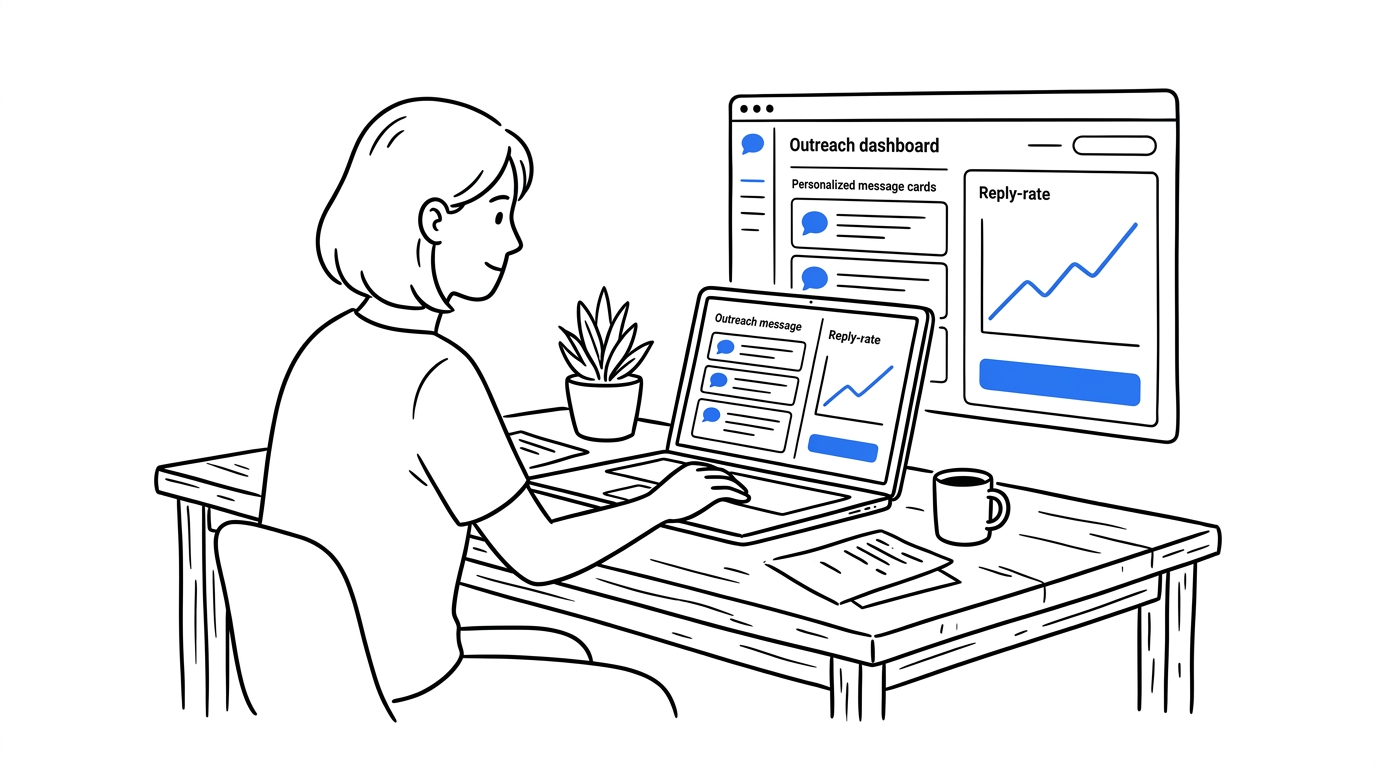 Founder reviewing an AI-assisted influencer outreach dashboard with a reply-rate chart