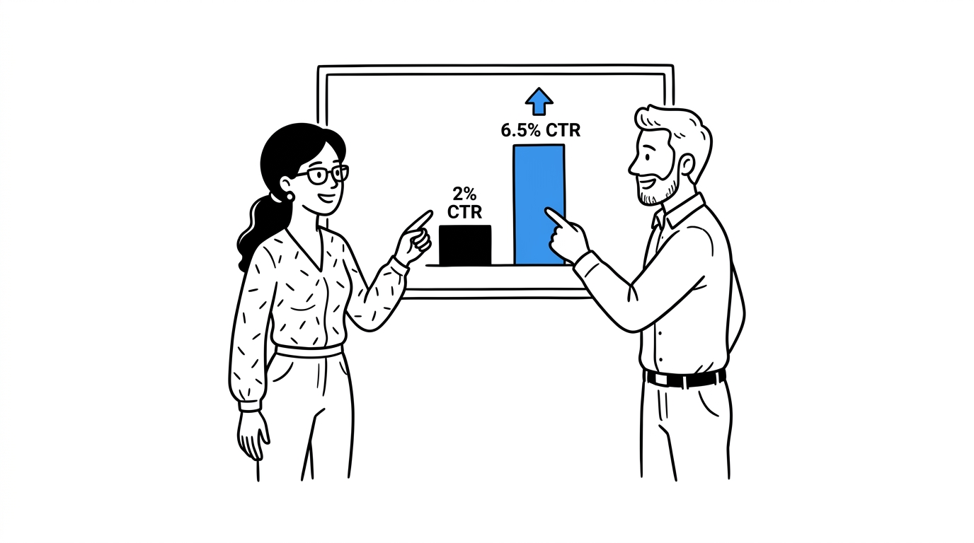 Two coworkers reviewing a wall-mounted before-and-after bar chart showing CTR rising from 2 percent to 6.5 percent, blue accent on the taller bar, black line-art illustration, generous white space