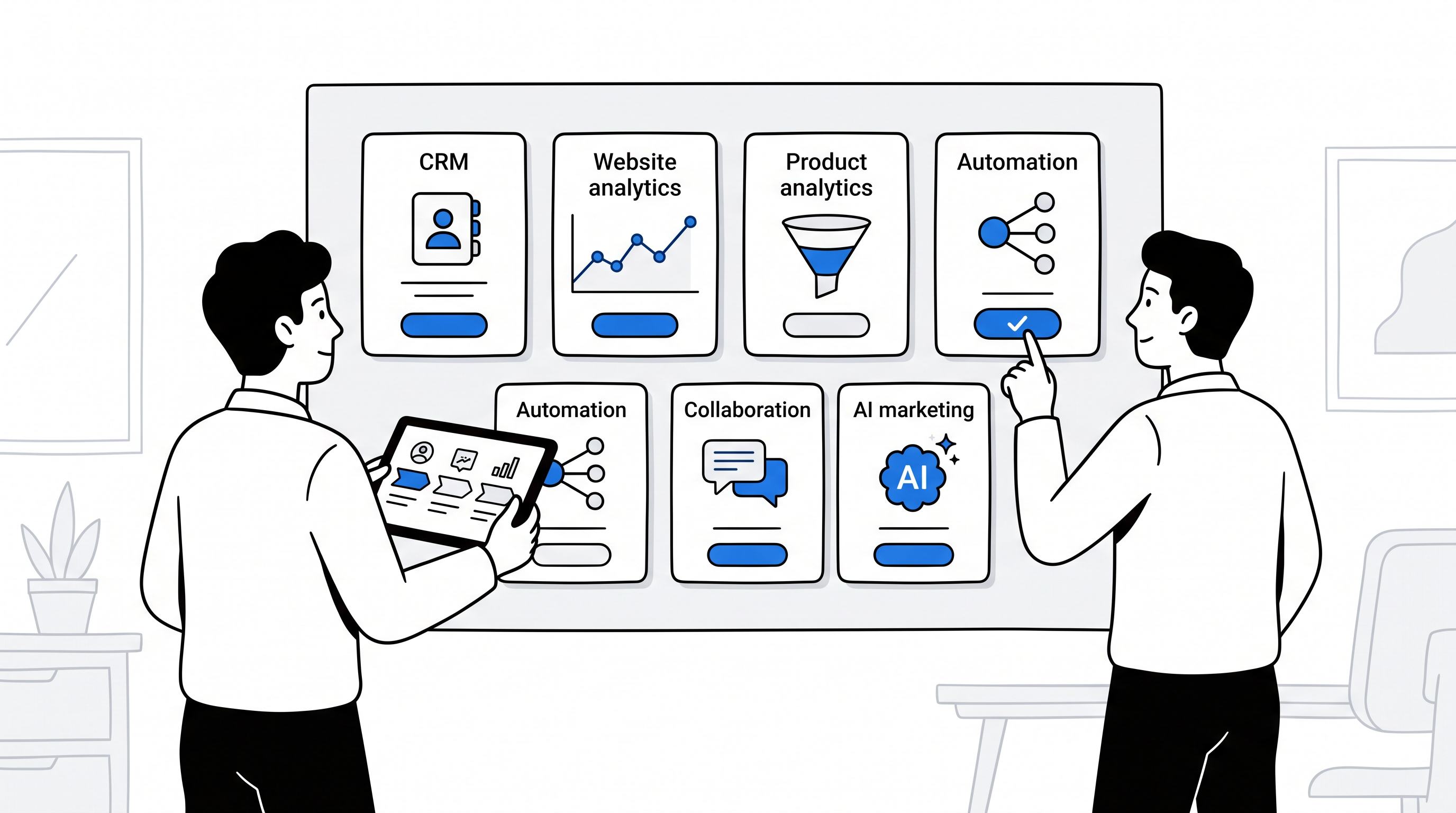 Two startup teammates comparing CRM, analytics, automation, collaboration, and AI marketing tools