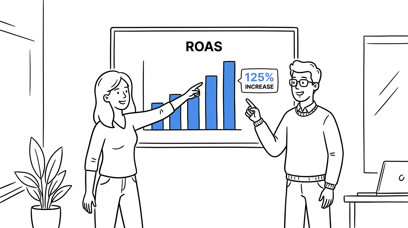 Two colleagues pointing at a wall screen showing a rising ROAS bar chart highlighted in blue