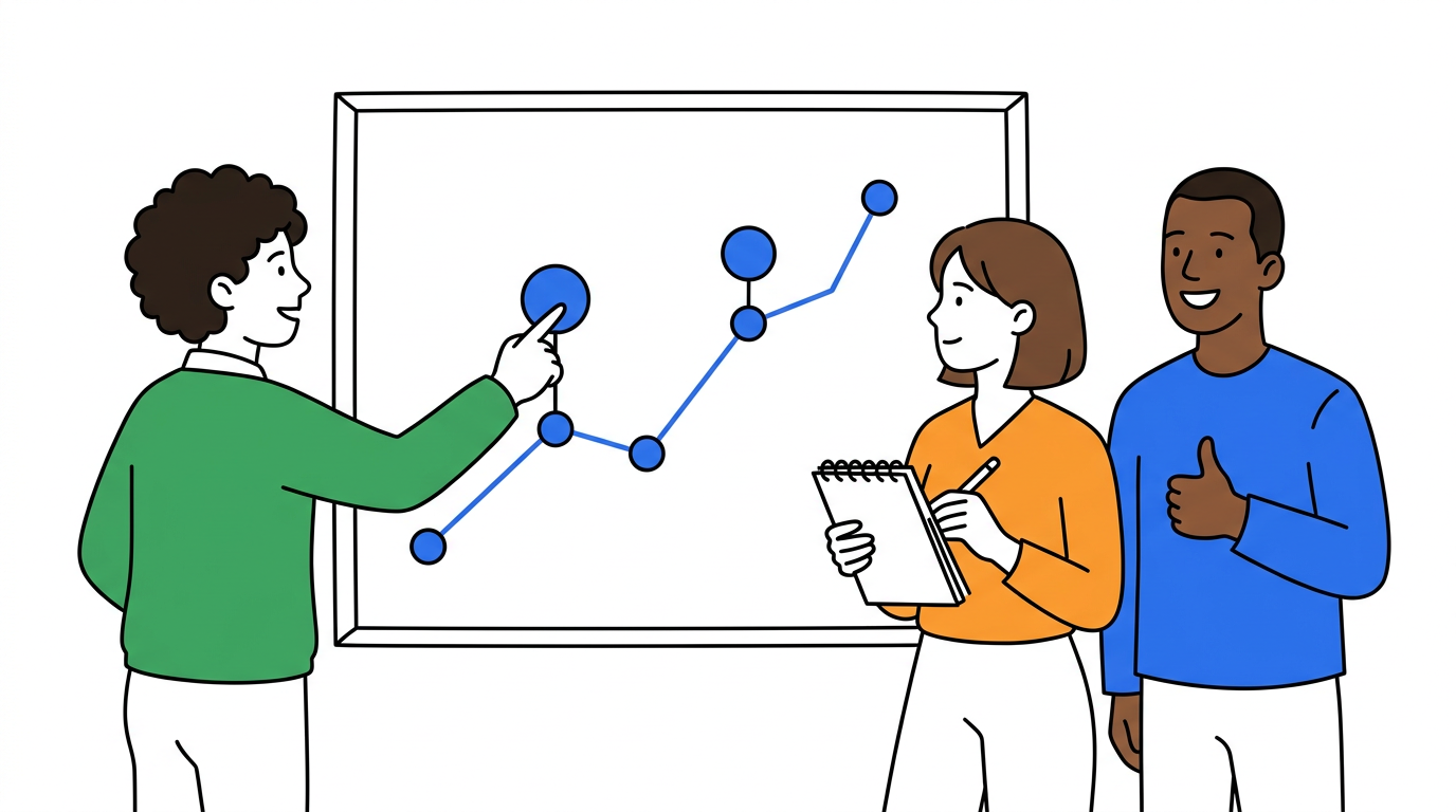 Diverse team standing around a whiteboard showing a growth roadmap timeline with milestones