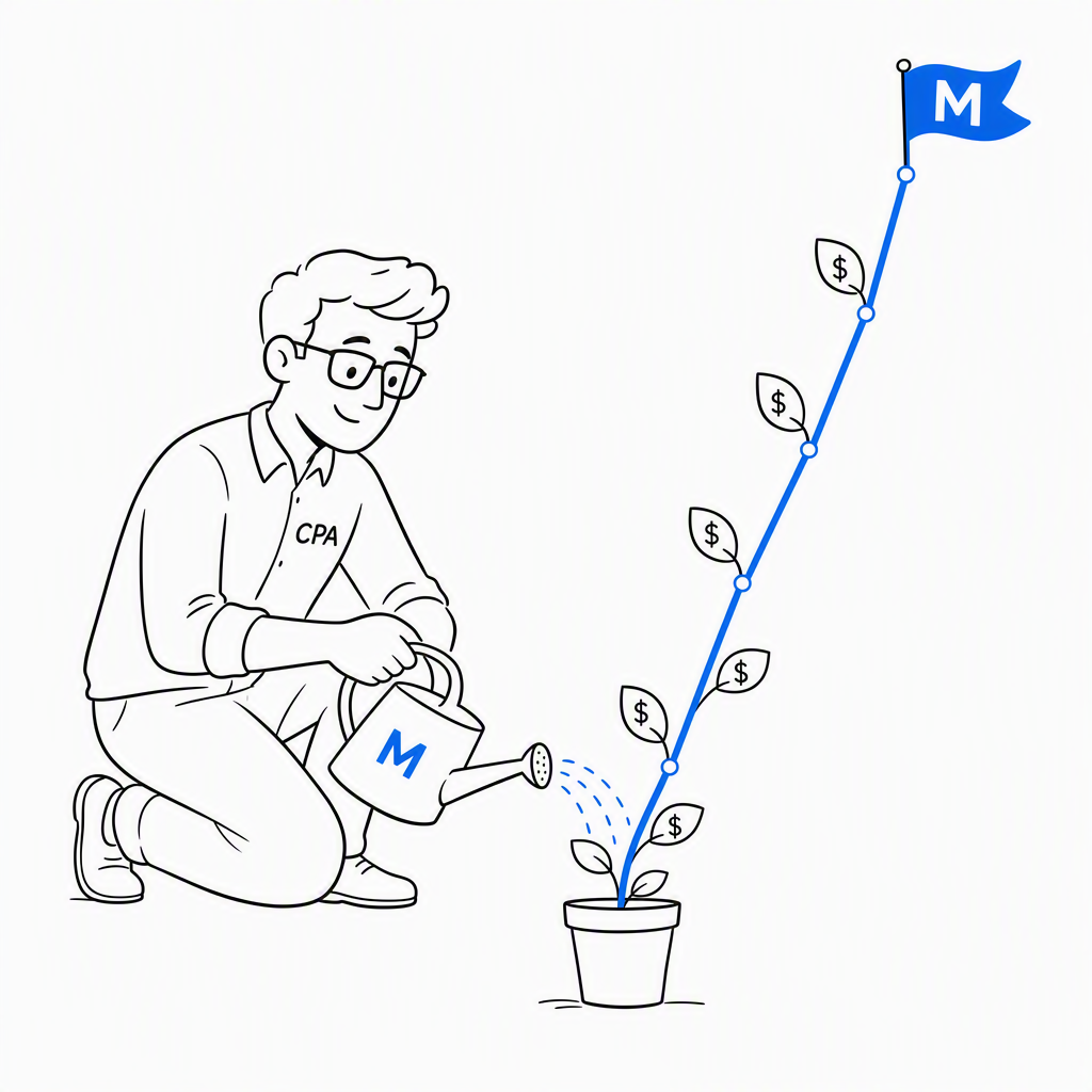 Um contador rega uma pequena planta em vaso cujo caule cresce em forma de gráfico de linha azul ascendente com folhas de cifrão, coroado por uma bandeira marcada um milhão