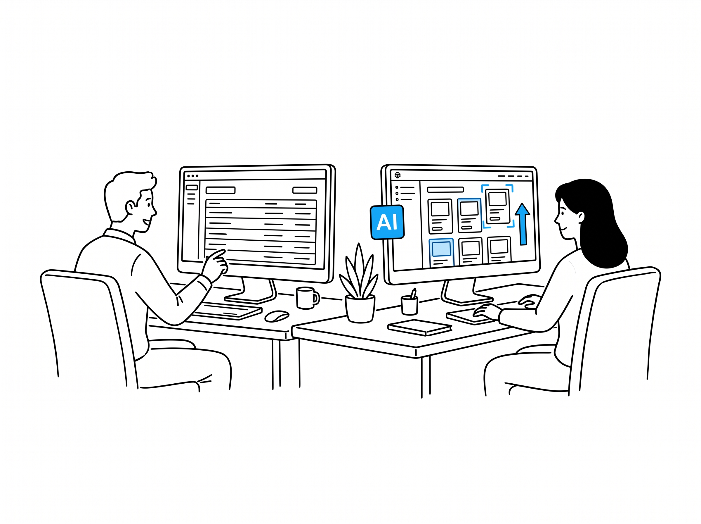 Two people in an office, one manually editing a static bestsellers product list while the other watches an AI dashboard re-rank products in real time, black line art on white with blue accent
