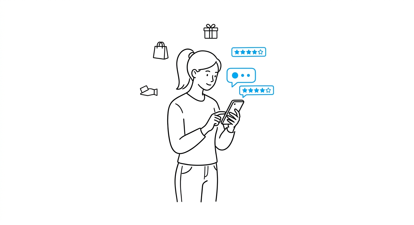 A shopper using a phone while an AI shopping assistant recommends products