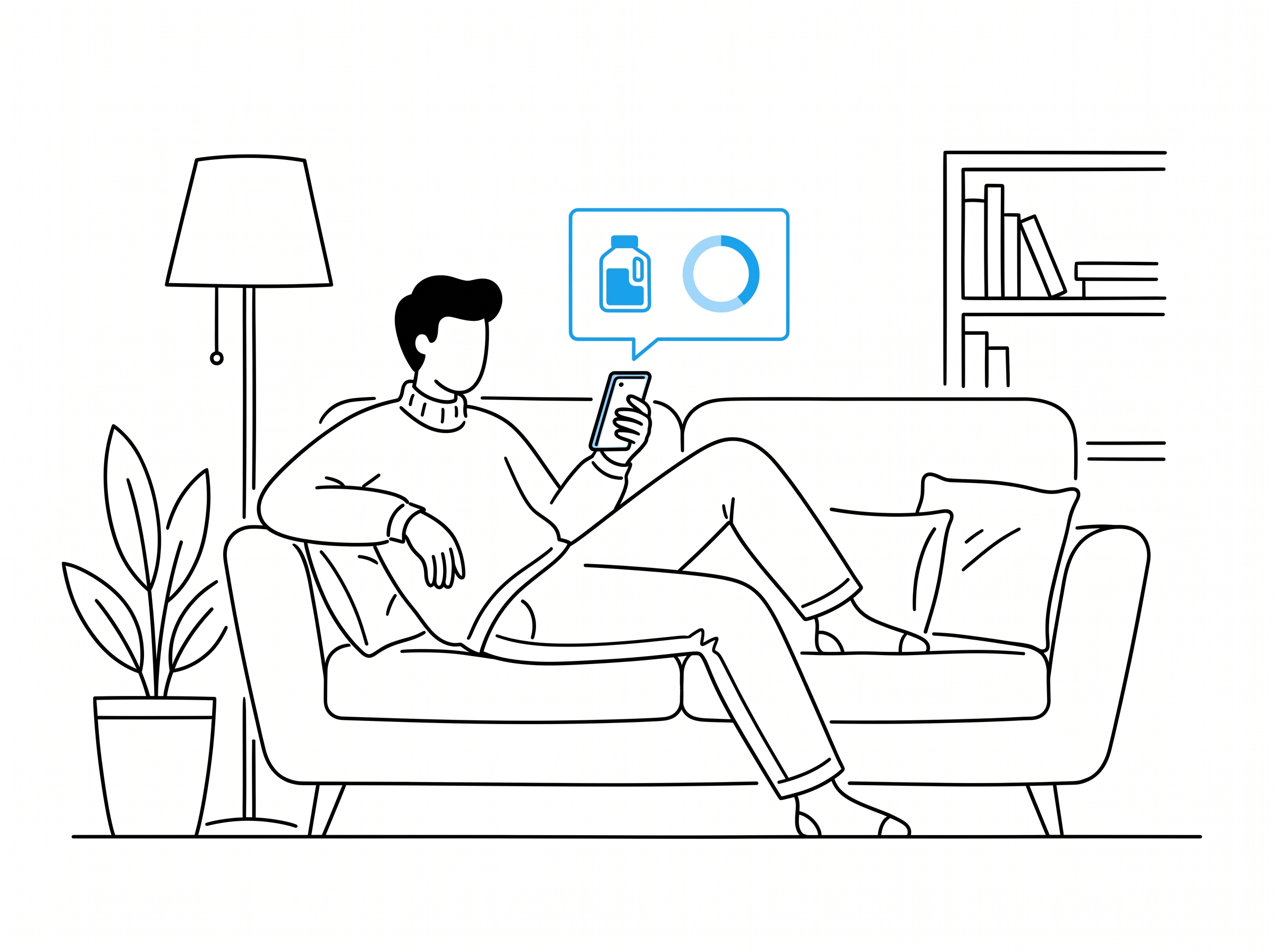 Person relaxing on a couch checking a phone with a personalized reorder reminder notification, blue accent