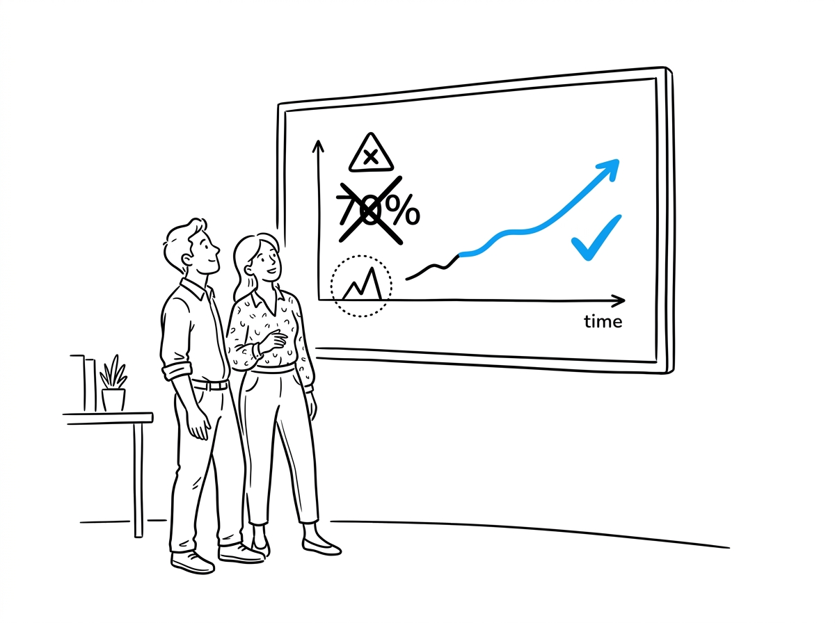Two founders reviewing a real growth chart, rejecting a misleading small-base percentage and confirming a genuine upward trend