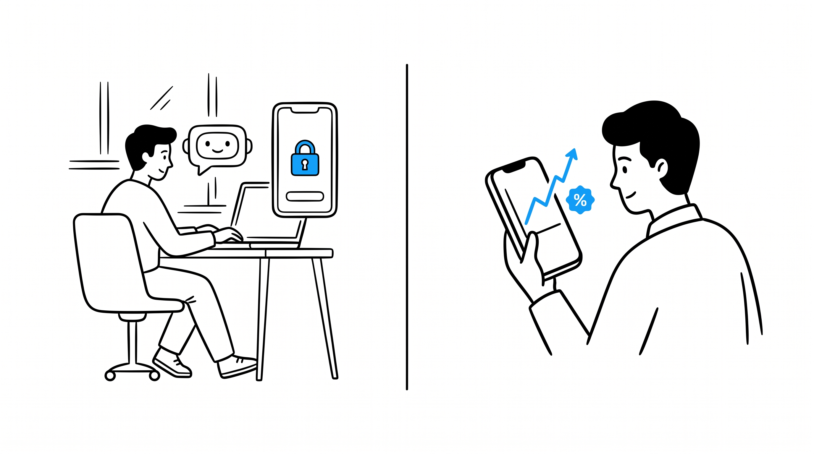 二人の創業者を対比するシーン:一人はAIで有料アプリを構築し、もう一人はスマートフォンで上昇する収益グラフを確認している