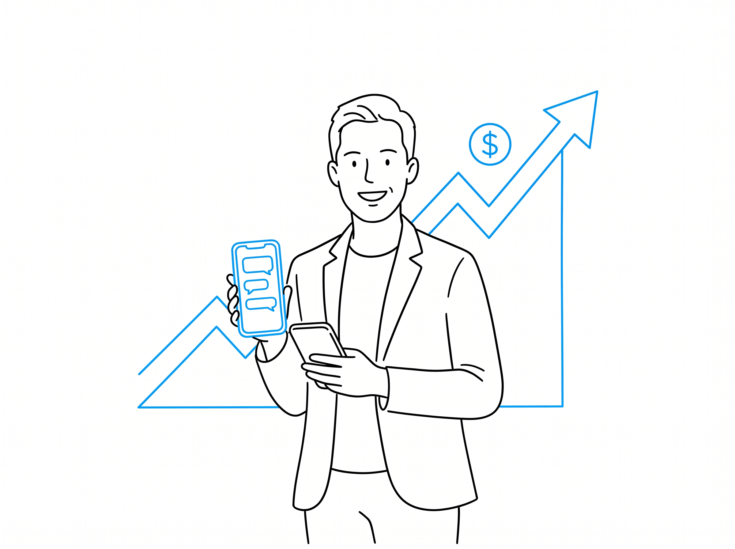 Founder holding a phone with DM messages while a revenue chart rises behind them