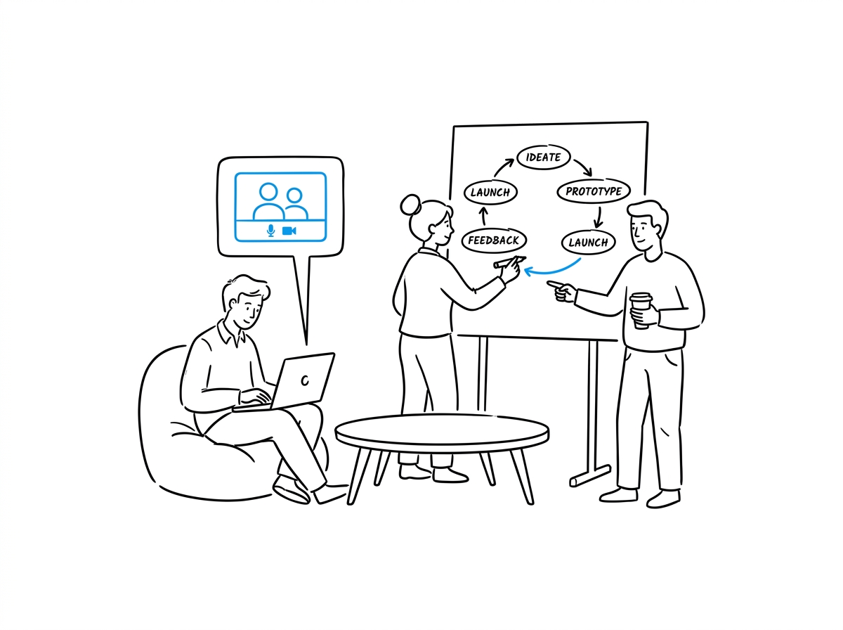 A small team sketching the build-create-earn-listen loop on a whiteboard during a video call