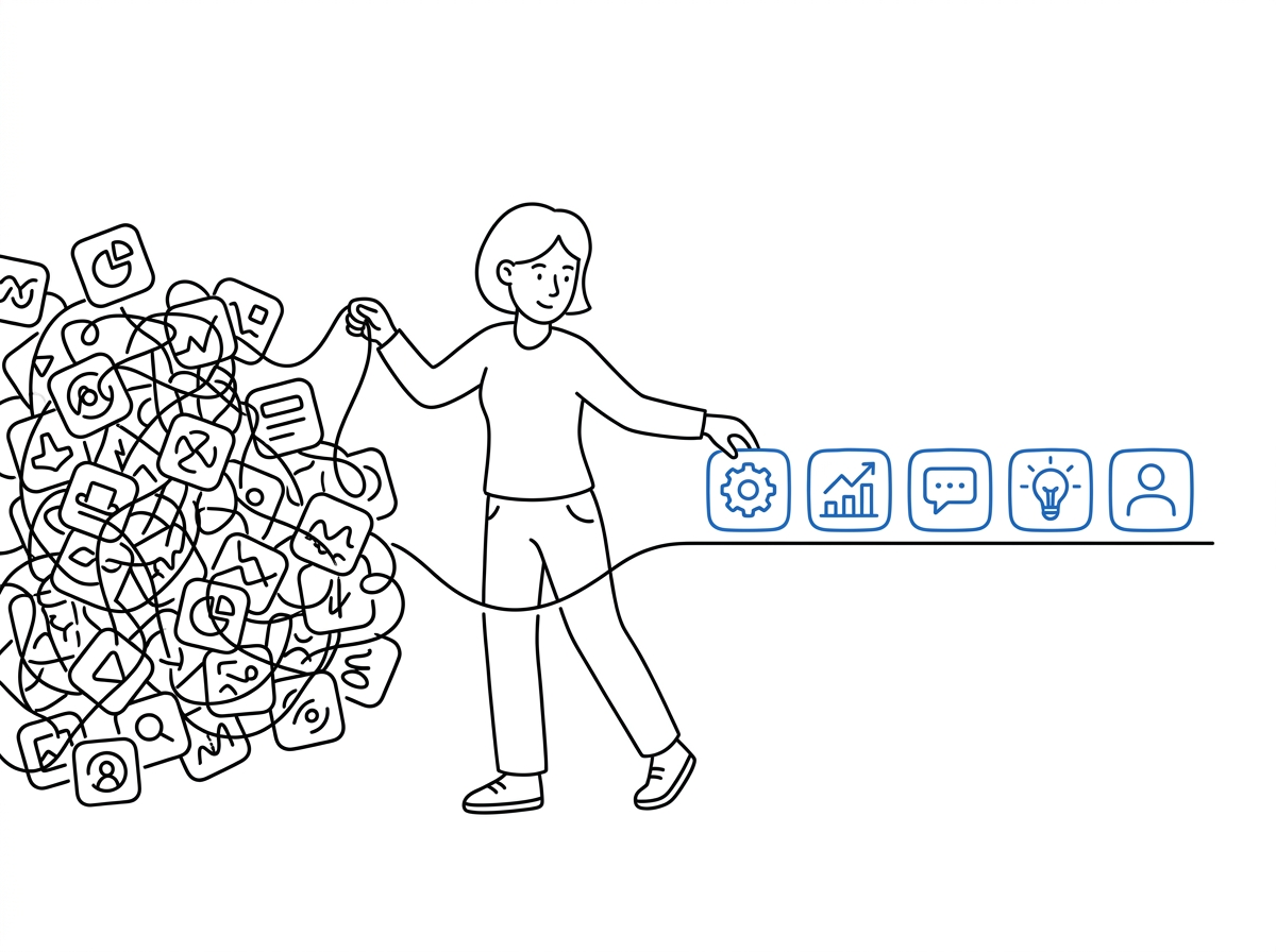 A person untangling a tangled web of overlapping app icons into a short clean row of tools, kept tools outlined in blue