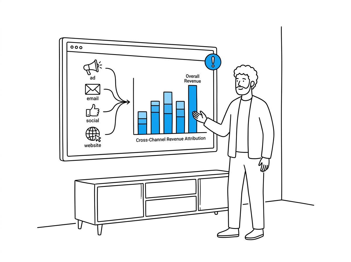 Unified ecommerce analytics dashboard on a laptop, connecting cart, social, and email data into one revenue chart